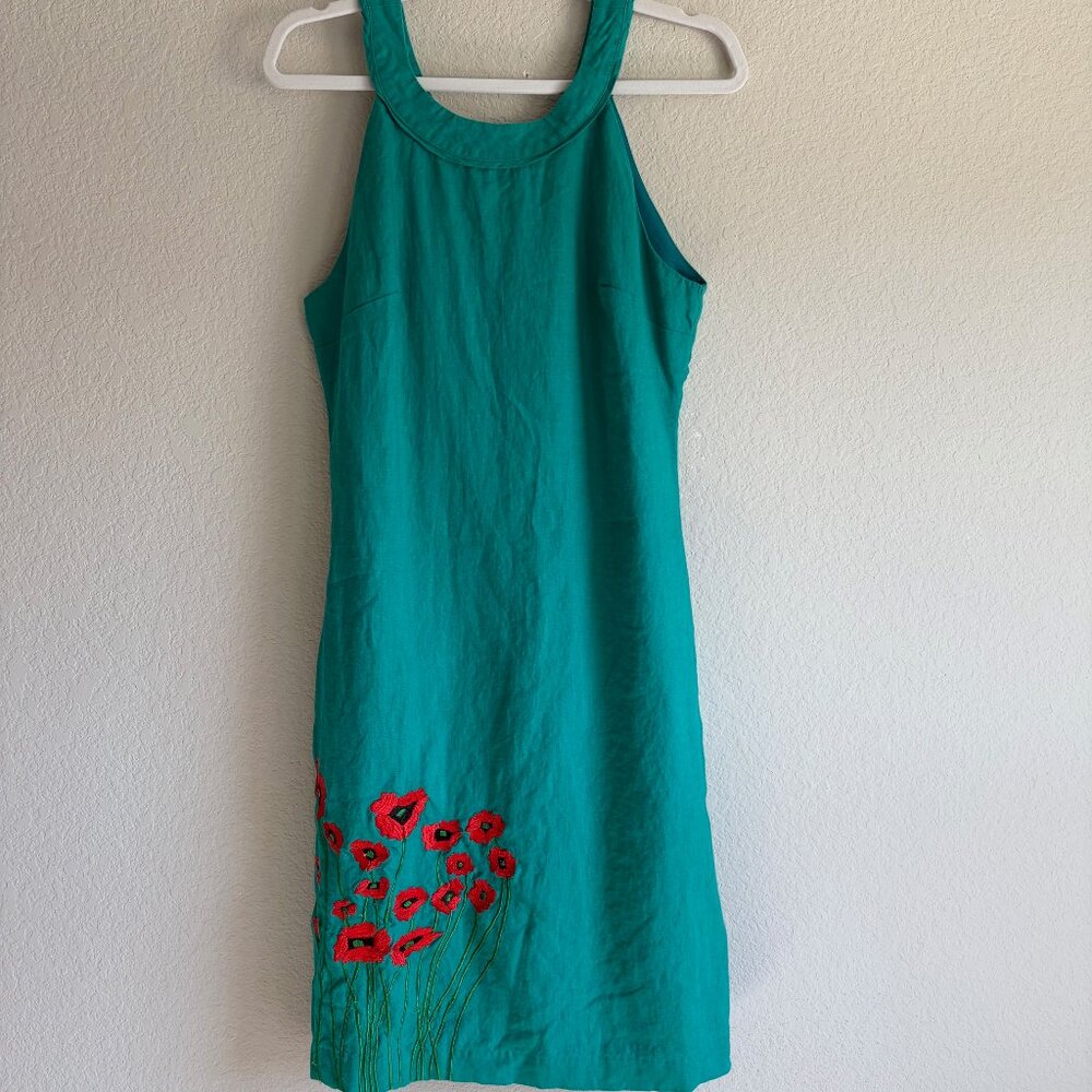 Salma 100% Linen Floral Embroidery Green A-line Dress Size Medium Classic Resort - Picture 2 of 9